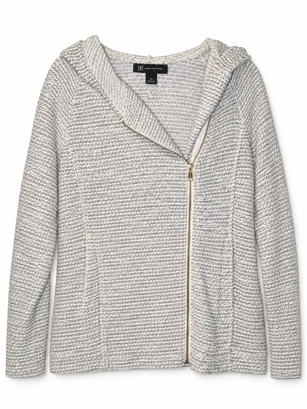 INC International Concepts Cream and Gray Hooded Zip Cardigan